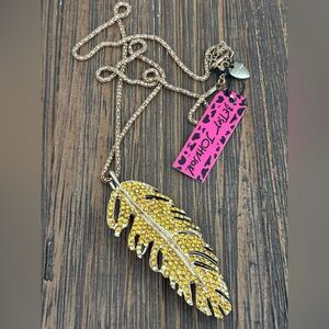 Betsy Johnson Gold-Tone Feather Pendant Necklace with Yellow Crystal Accents